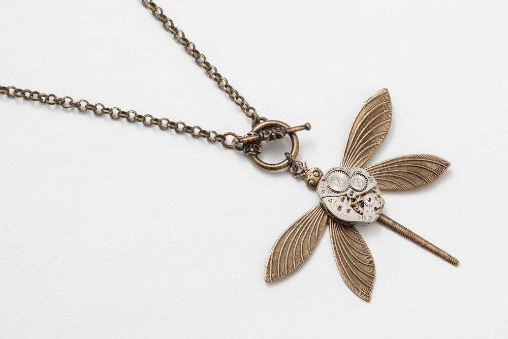 Steampunk Dragonfly Necklace vintage silver watch movement gears gold brass Neo Victorian pendant clock work jewelry Steampunk Nation