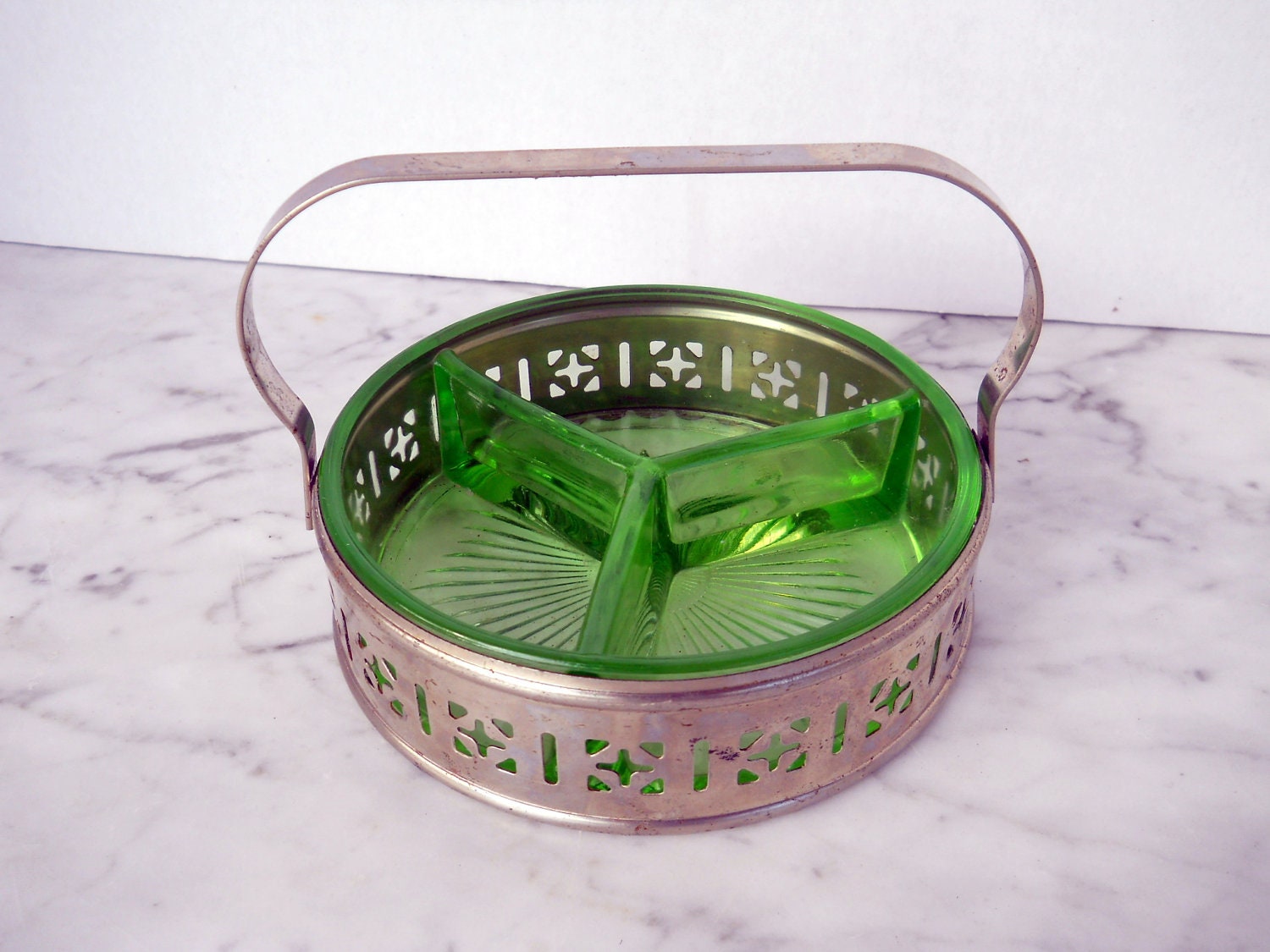 Green Relish Server // Divided With Pierced Metal Basket