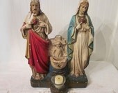 Vintage Jesus Mary Cherub Angel Holy Water Font Chalkware Statue, Rare, Home Altar Shrine Candleholder, rustic chippy shabby religious icon