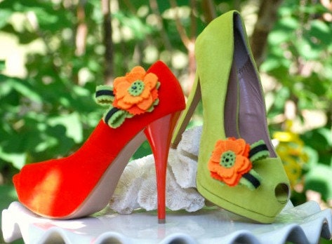 Shoe Clips Tangerine & Lime Flower. Bright Fun Orange. Bridal Bridesmaid Statement Gift Idea, Girly Teen Women Woman, Handmade Couture