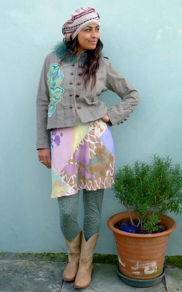 Upcycled Jacket with Exotic Floral Applique & Sheepskin Trim            Made in England UK