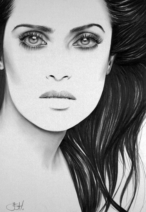Salma Hayek Minimalism Pencil Drawing Portrait Fine Art PRINT Signed by Artist