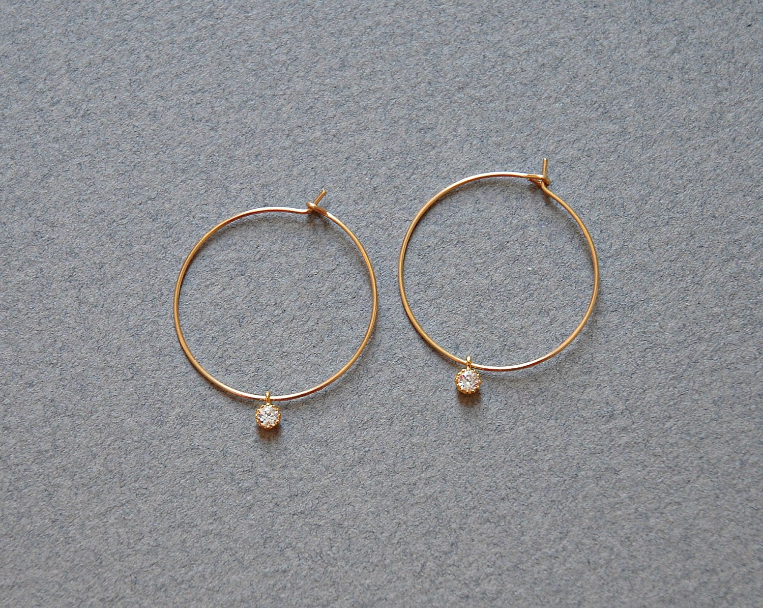 Tiny crystal gold hoop earrings - thin gold filled hoops with petite crystal dangle - simple delicate earrings - Sanya