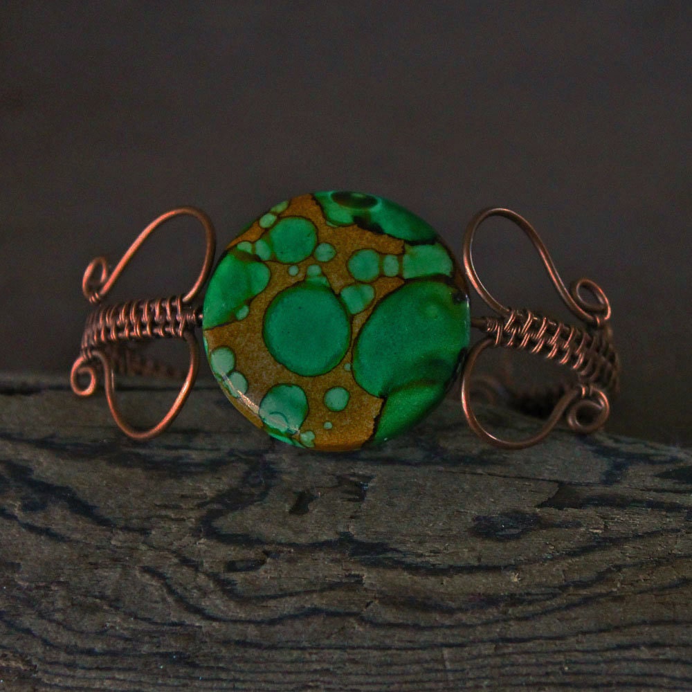 Bracelet Cuff Wire Wrapped Copper: "Spiral Faerie Moss"