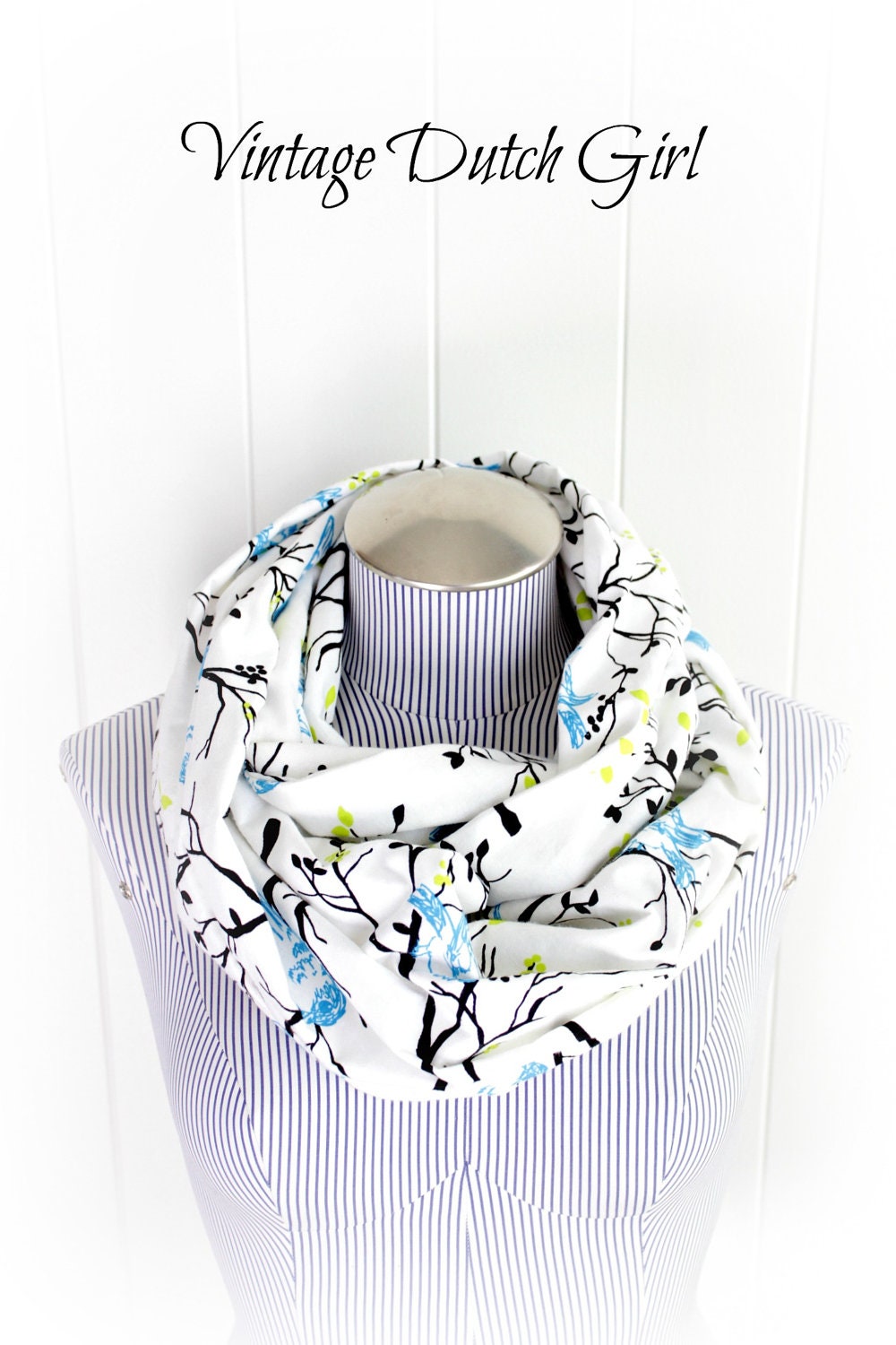 Blue Bird Infinity Scarf, Chartreuse Leaves, Cerulean Birds and Black Sticks on White Flannel