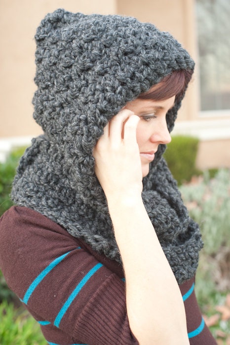 Gray hooded scarf, chunky, scarf, gray, chunky scarf, gray scarf, charcoal, winter, spring, scoodie