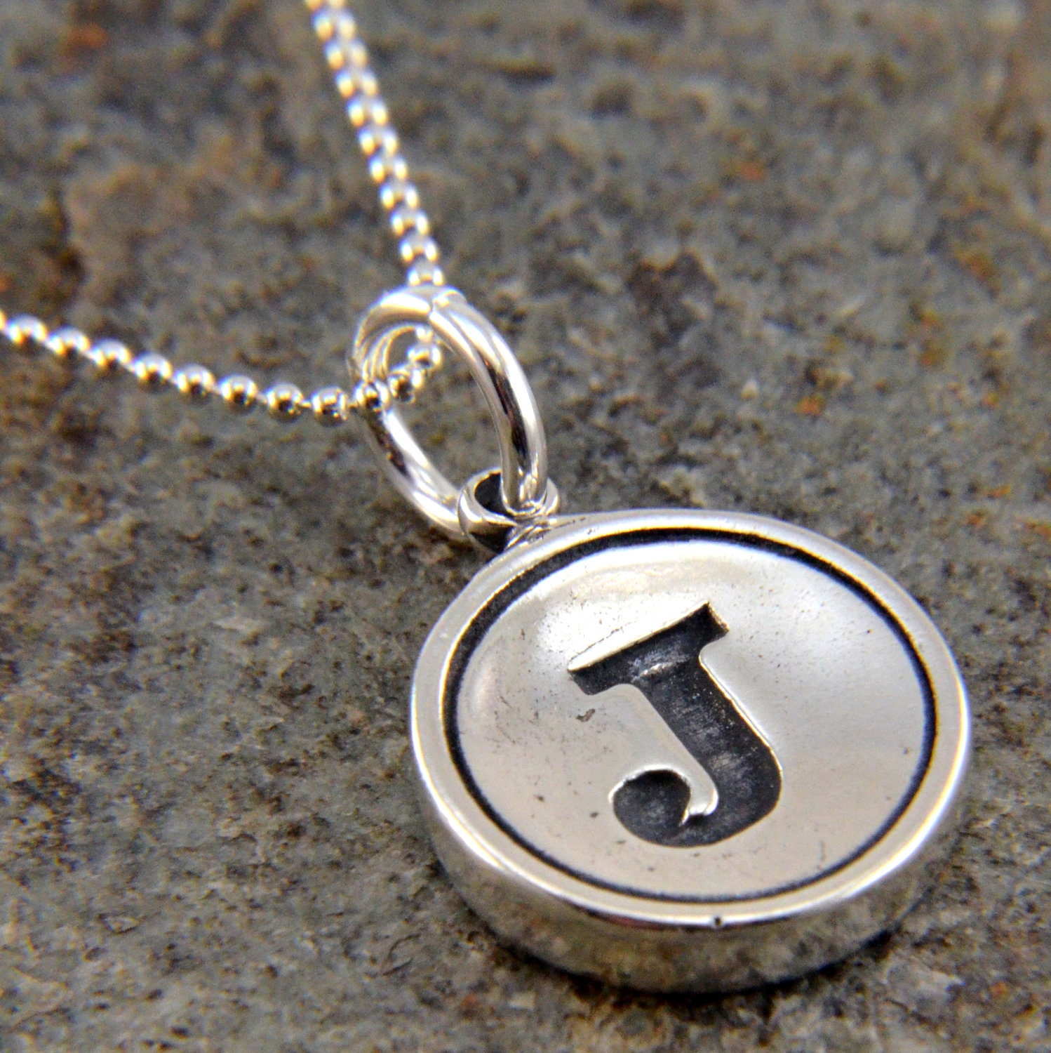 Initial Letter J  Typewriter Key Pendant Necklace Charm - Sterling Silver - Other Letters Available