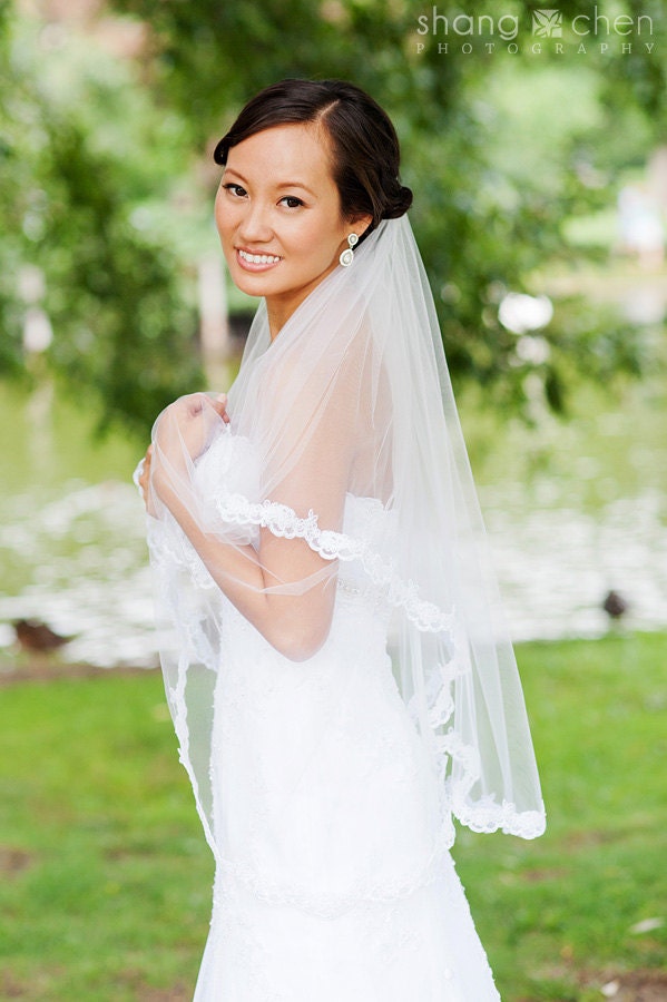 Bridal Veil,  Two tier,  Scalloped Lace Edge, Beaded Lace, white or ivory