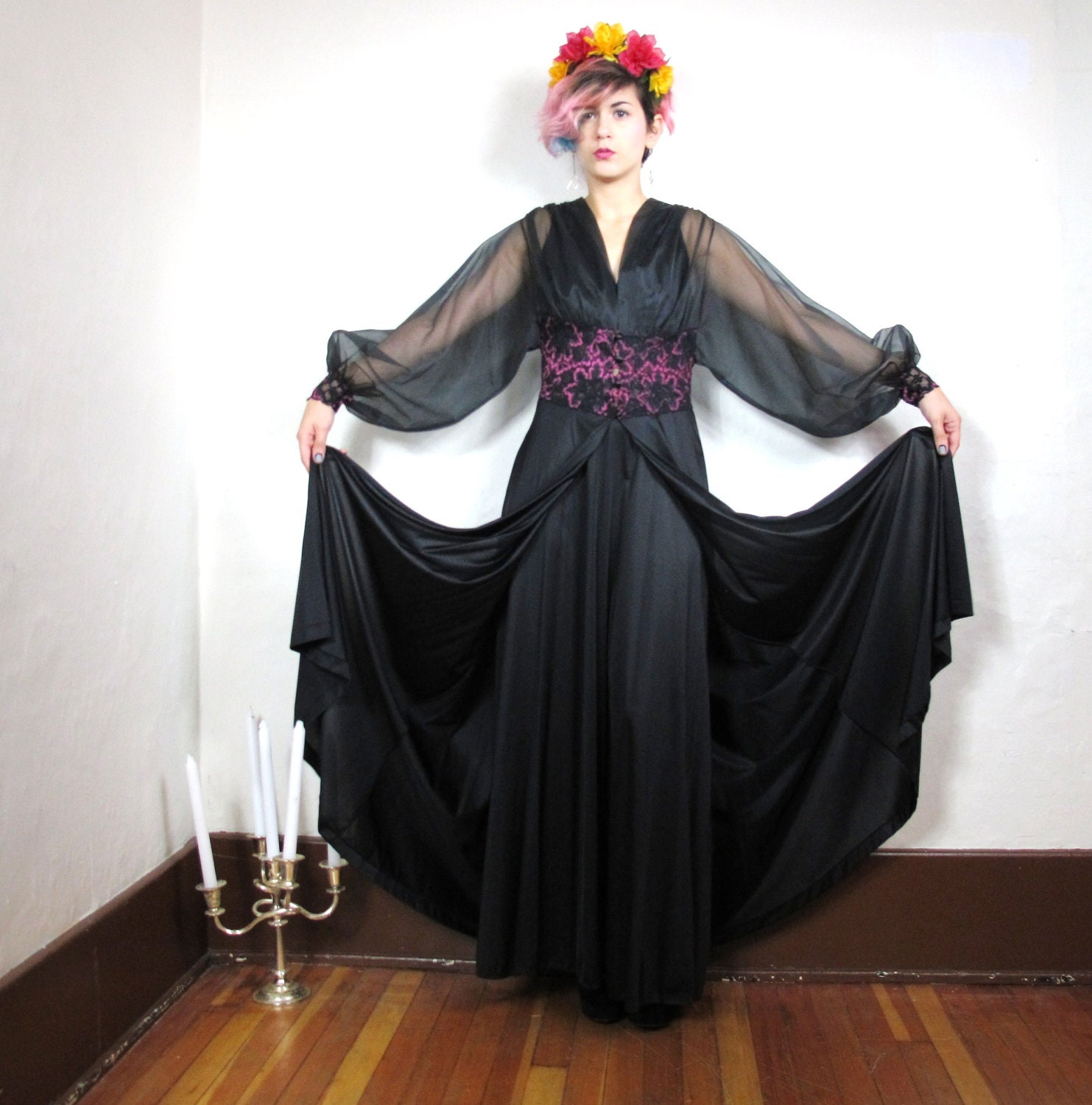 70s Gothic Red Lace Seduction Sheer Lingerie  Coverup (S/M)