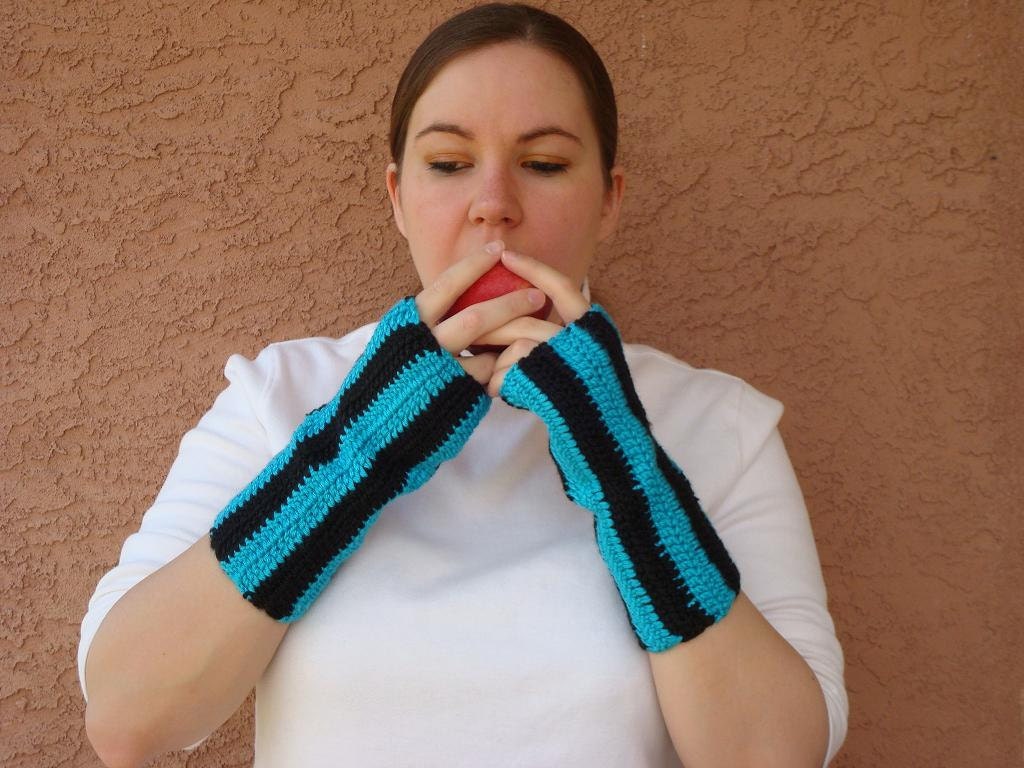 Striped Black and Turquoise Blue Fingerless Gloves for Men or Women from Hoooked - Crochet Wrist Warmers, Arm Warmers, Fingerless Mittens