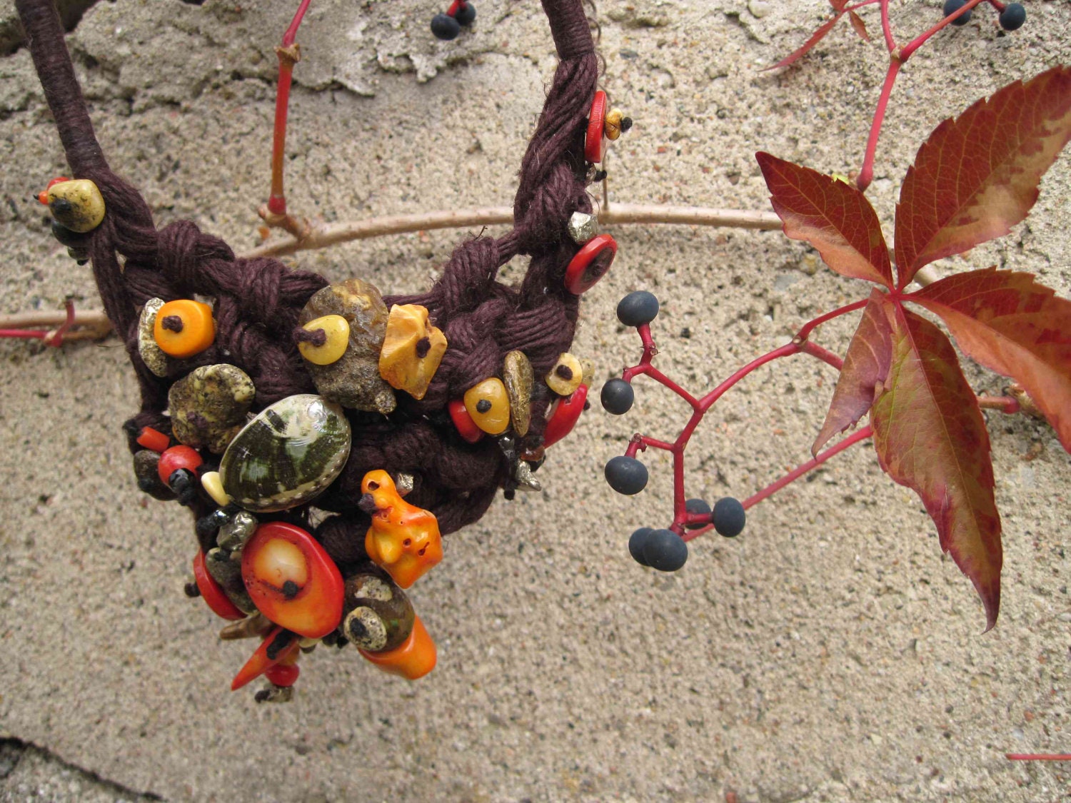 Macramé Bib Necklace Raw Stone Statement Jewelry Amber Coral Linen Necklace Freeform Red Orange Cordovan Abalone Shell Pyrite Turquoise