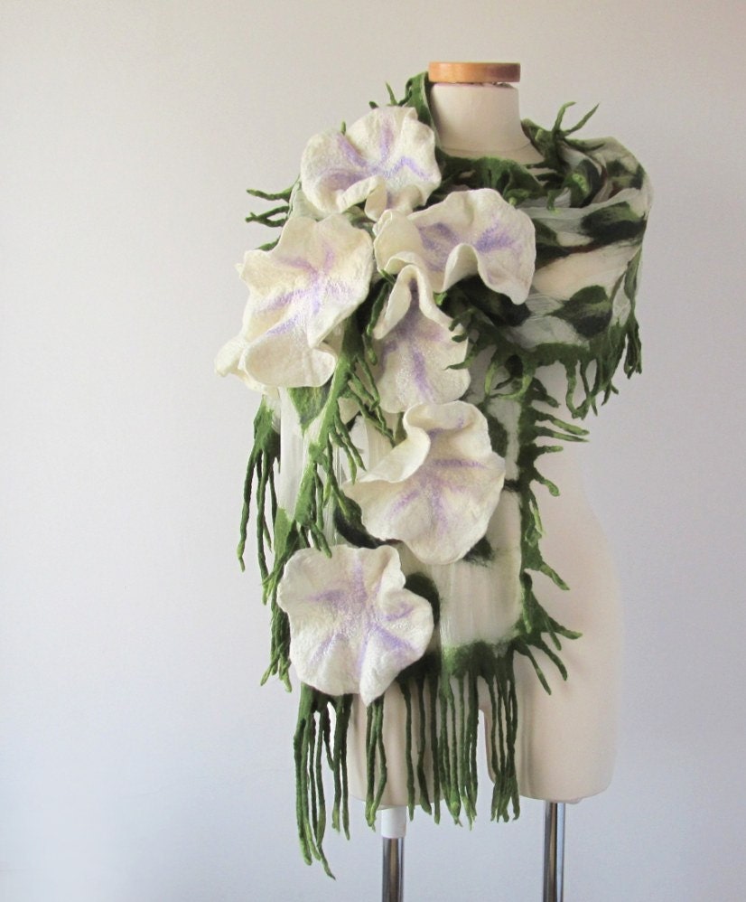 Nuno felted scarf - White flowers green