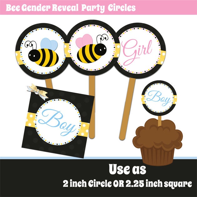 INSTANT DOWNLOAD Bee Gender Reveal Baby Shower Party Circles - Cupcake Topper - Sticker - Printable Il_570xn