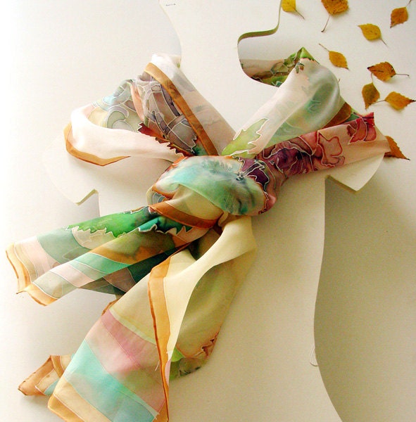 Silk scarf  hand dyed- painted on ponge silk - Fall flowers -  bloom - 45x180