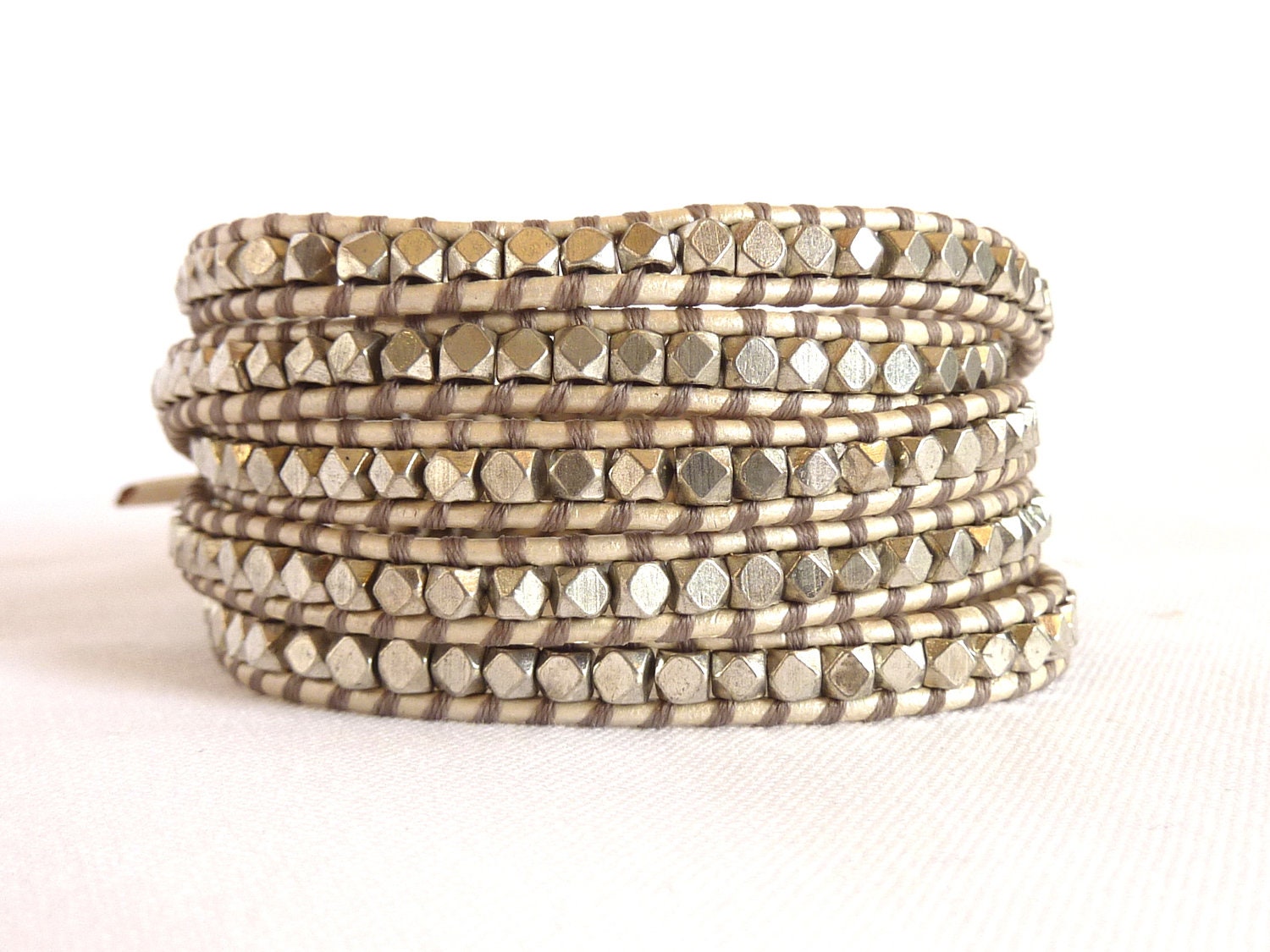 Silver Beads on Opal White Leather with Contrasting Gray Thread, Five Wrap Bracelet