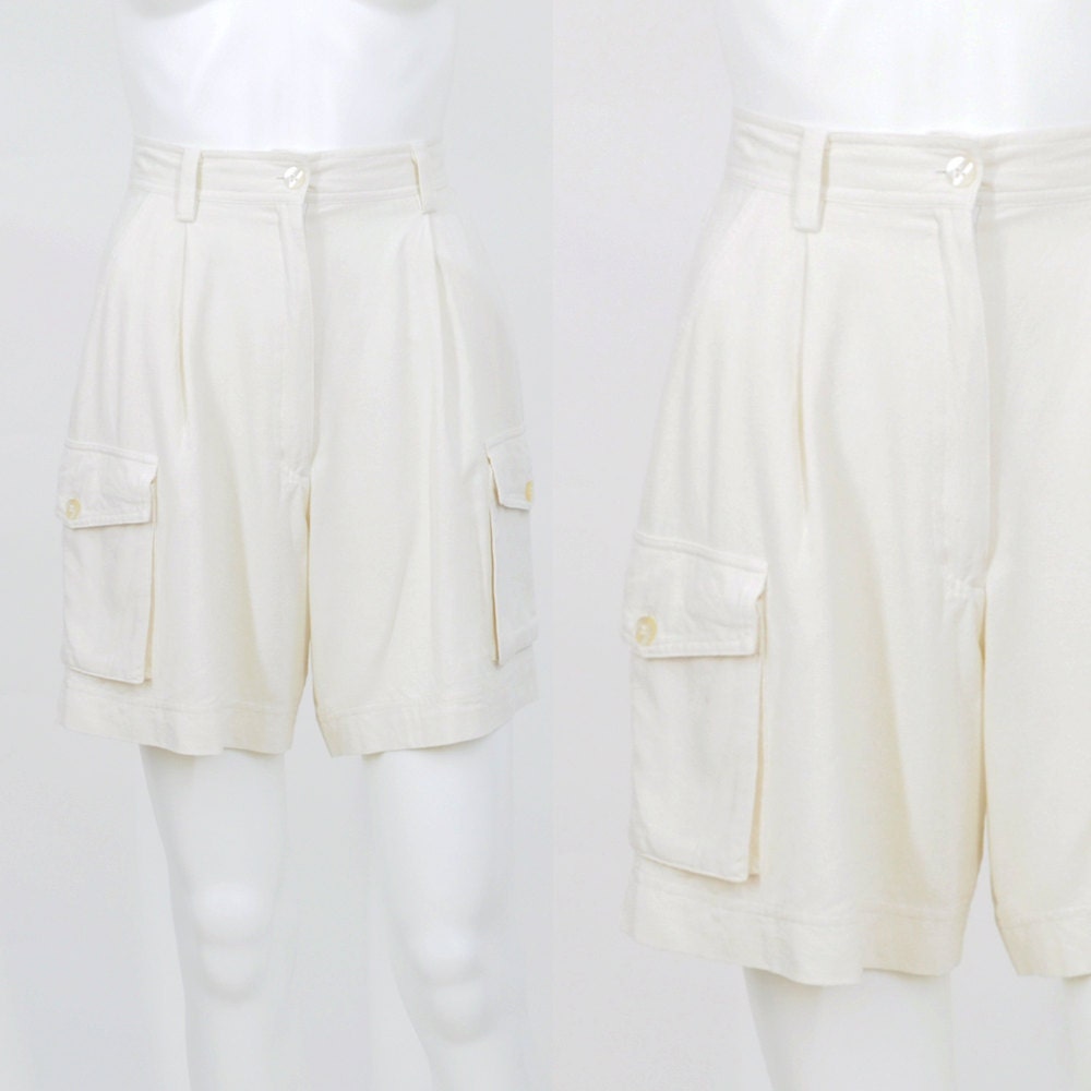 Raw Silk White High Waisted Safari Shorts /  XS / S