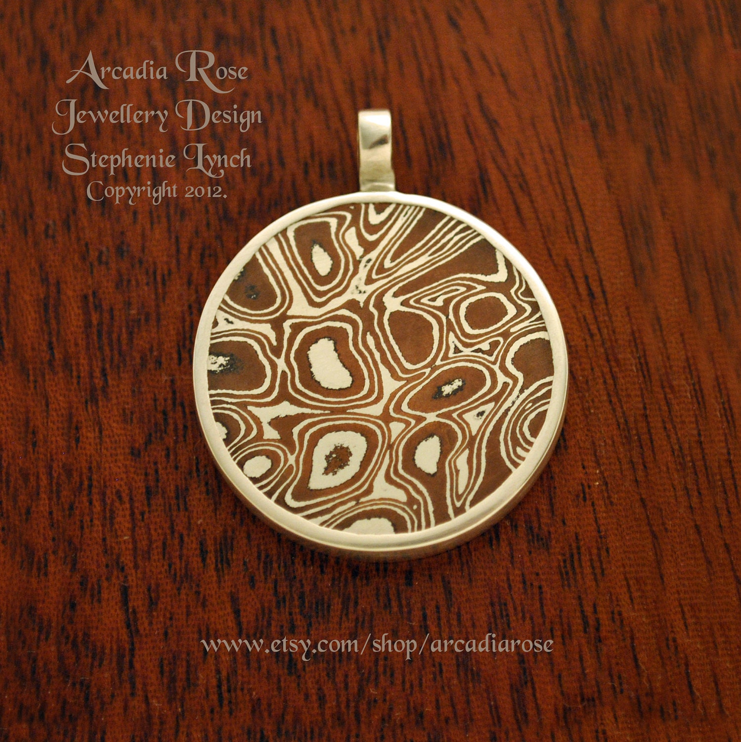 SALE - Mokume Gane Large Pendant, Random Pattern, Fine Silver Setting, Hand made Fine Silver Loop by Stephenie Lynch.