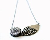 Silver Titanium Druzy necklace with a metallic sparkle and a silver wing in oxidized silver Handmade / FREE SHIPPING