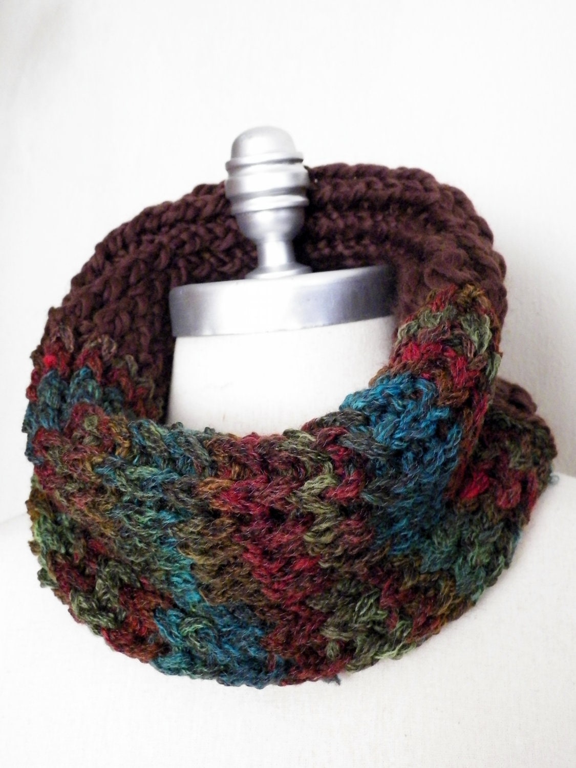 ON SALE Cowl Scarf Knitwear Striped Chunky Knit Brown, Blue, Green, Red, and Orange, Rustic Style, Gift for Outdoorsman