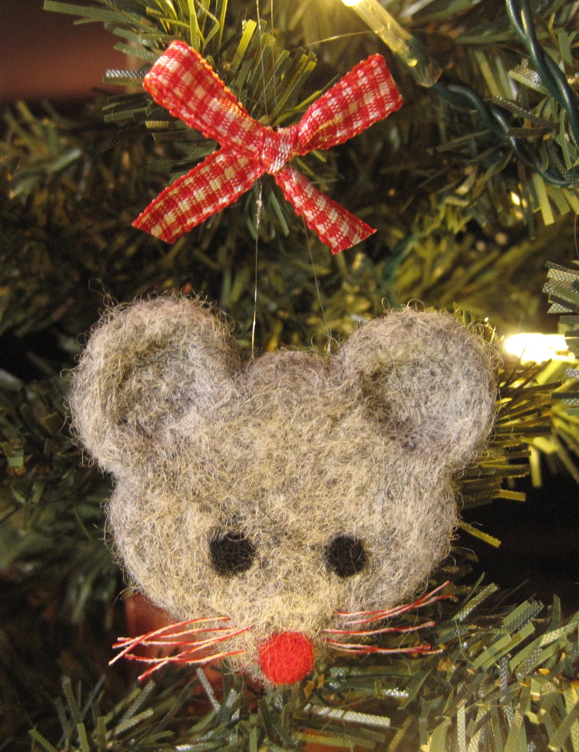 Christmas Ornament - Grey Mouse With Candy Cane Whiskers - Charity - FeltLikeHelping