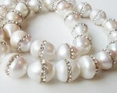White Creamy Freshwater Pearls Semi Round (Ovalish)  with Inlaid Clear Rhinestone Beads/Only Beads Not Finished jewelry 12x10mm - BijiBijoux