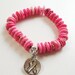 Ribbon Breast Cancer Awareness Pink Silver Charm Elastic Bracelet, Pink Turquoise Stone Stamped Hope Charm