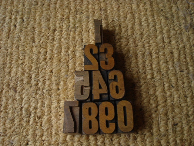 Vintage Wood Letterpress Type Print Printers Block Set of Numbers 0-9