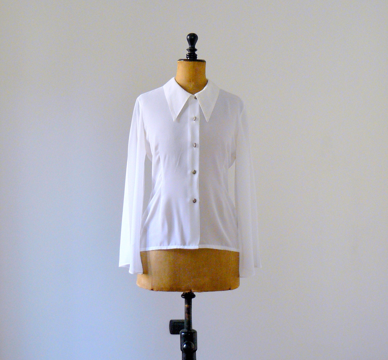 Vintage 1980s white sheer blouse. Flared sleeves blouse