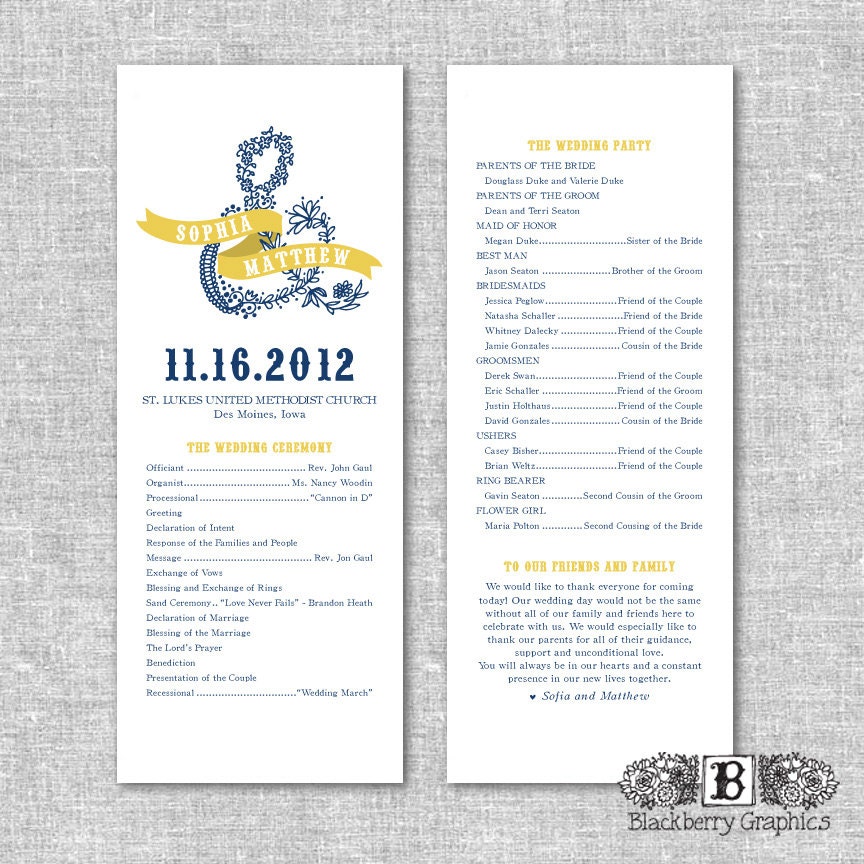 DIY printable, illustrated ampersand Wedding Program, 2 sided, Sophia design