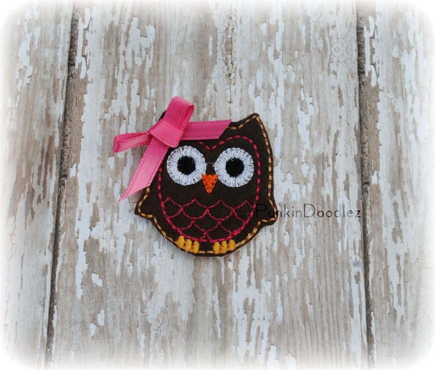 Hair Clip Felt Brown Owl with Pink Bow Hair Clip . Girls Hair Bow . Embroidered Hair Clip