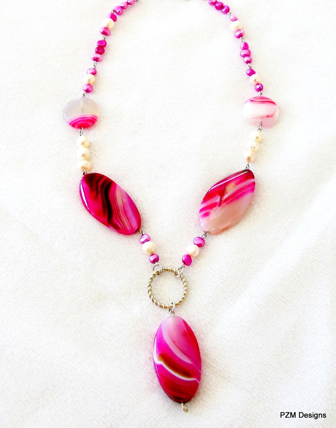 Pink gemstone necklace, pearl and agate statement pendant necklace