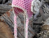 Thick Crochet Winter Earflap Hat, Pink Crochet Hat with Cream Flower, Baby Hat, Toddler Hat, Girls Hat