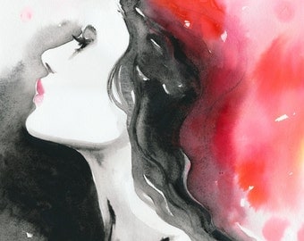 Watercolor Fashion Illustration, Print of Original Watercolor Painting, titled: Paris Red