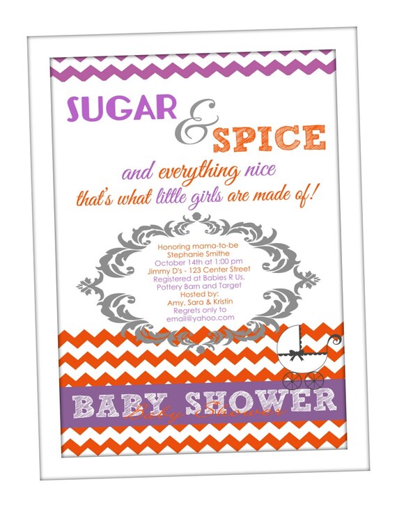 Sugar & Spice Baby Shower Invitation - Purple and Orange - Digital File Il_570xn