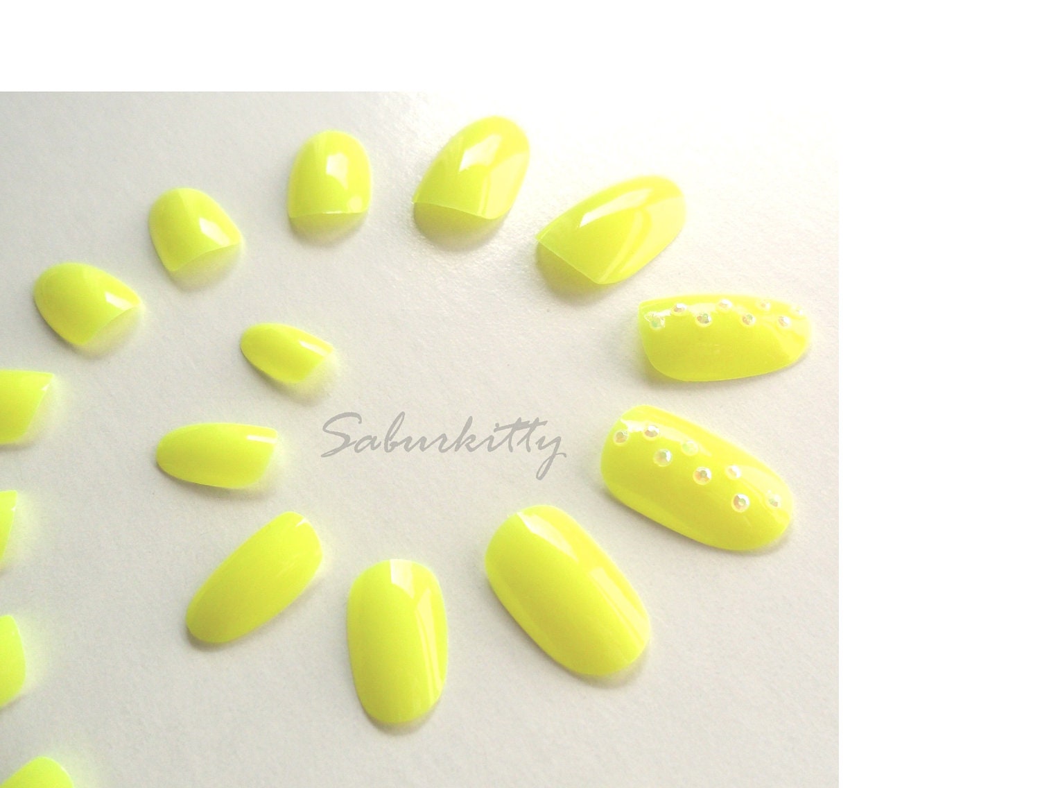 Yellow Dayglo Nail Art fashion hand painted glitter fake neon fingernails bright accent nails vibrant nail paints fluorescence