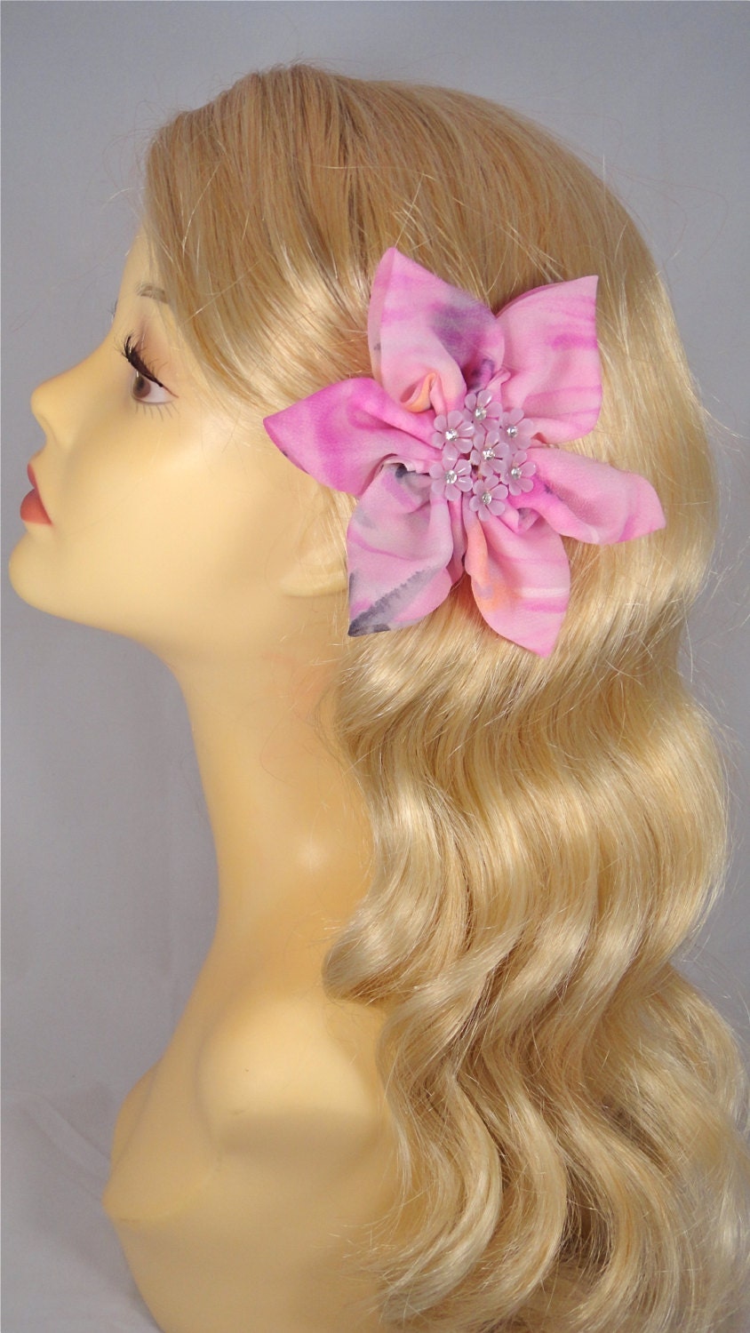 Sheer Pink Watercolor Hair Flower, repurposed Vintage & Jewelry