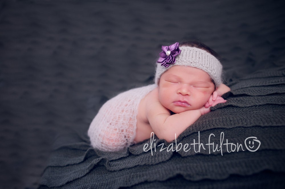 Newborn Baby Girl Photo Prop, Baby Girl Flower Headband and Wrap Set, Mohair and Satin, Light Grey and Purple, RTS
