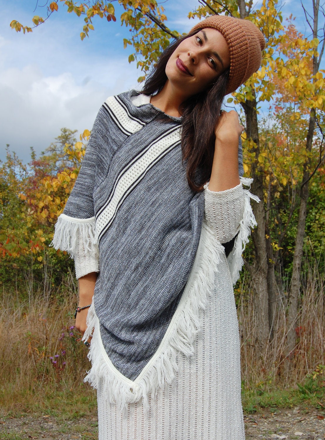 Vintage 60s Black White and Gray Knit Poncho with Fringe