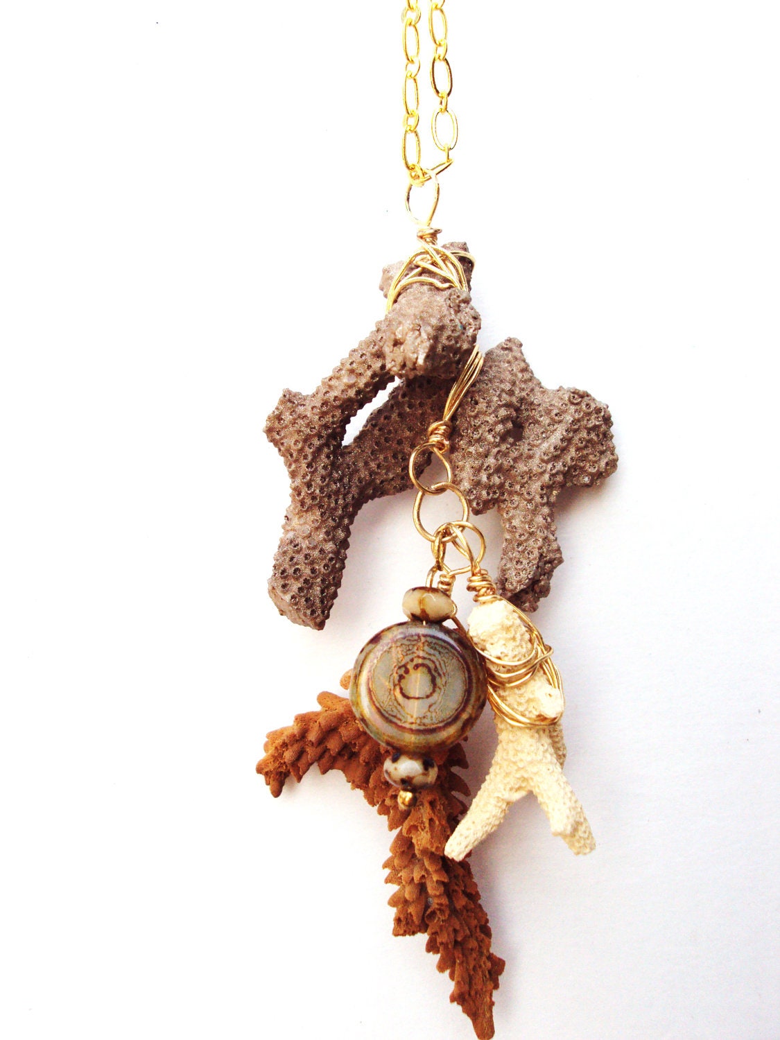 Coral, Pendant Necklace, Beach, Hand Painted, Boho Chic, Hippie, Cinnamon,Taupe