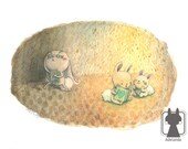 Original illustration - bunnies in school reading a book - teacher and students