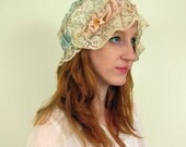 Vintage 1920s/1930s Boudoir Cap Flapper Bonnet Pink Blue Satin Cream Lace