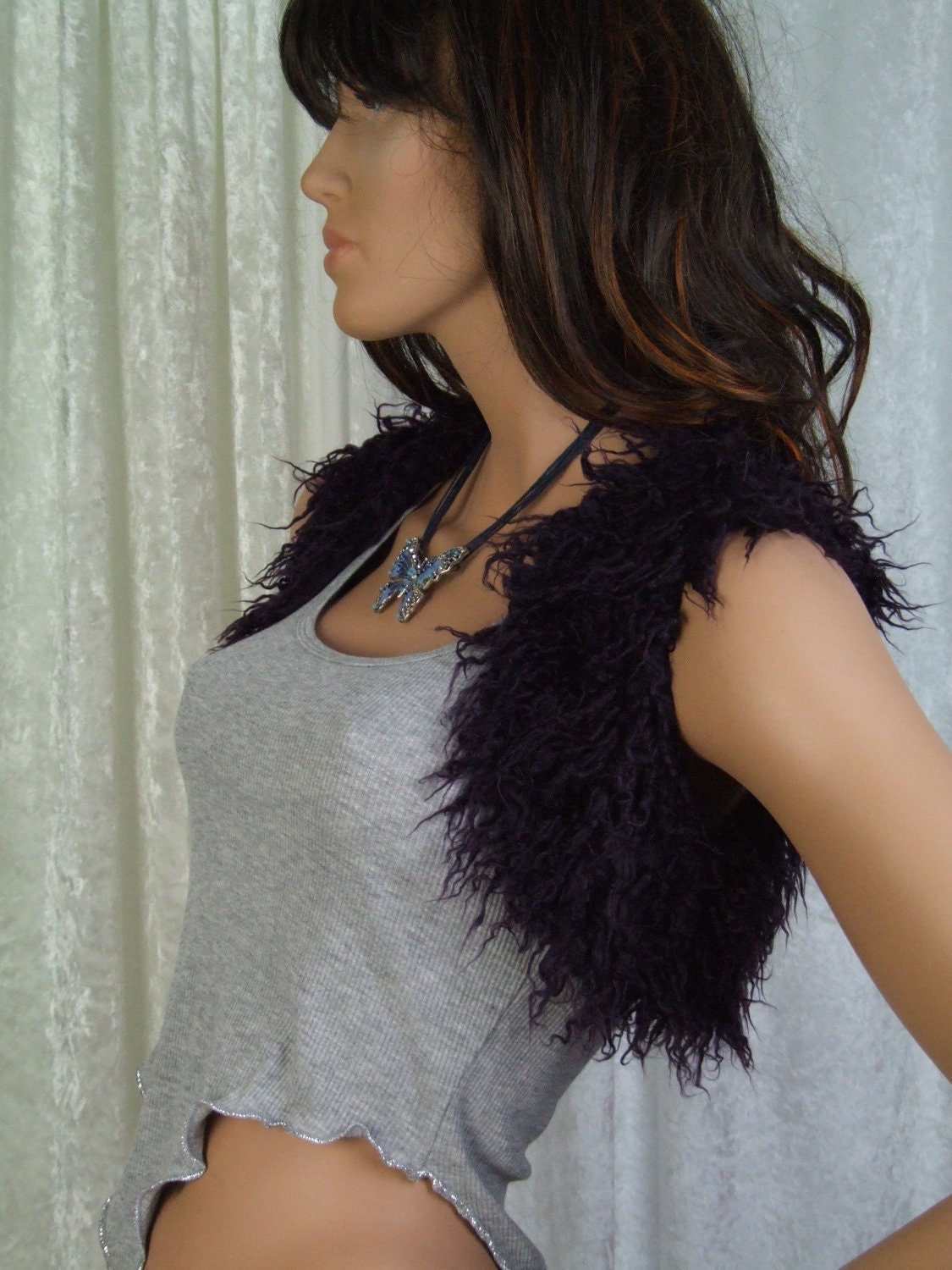 Purple Mongolian Faux Fur Bolero, Ladies Vest, Shrug, Mens Cropped Waistcoat, Size XS, S, M, L, XL, Tribal, Festival, Party Clothing