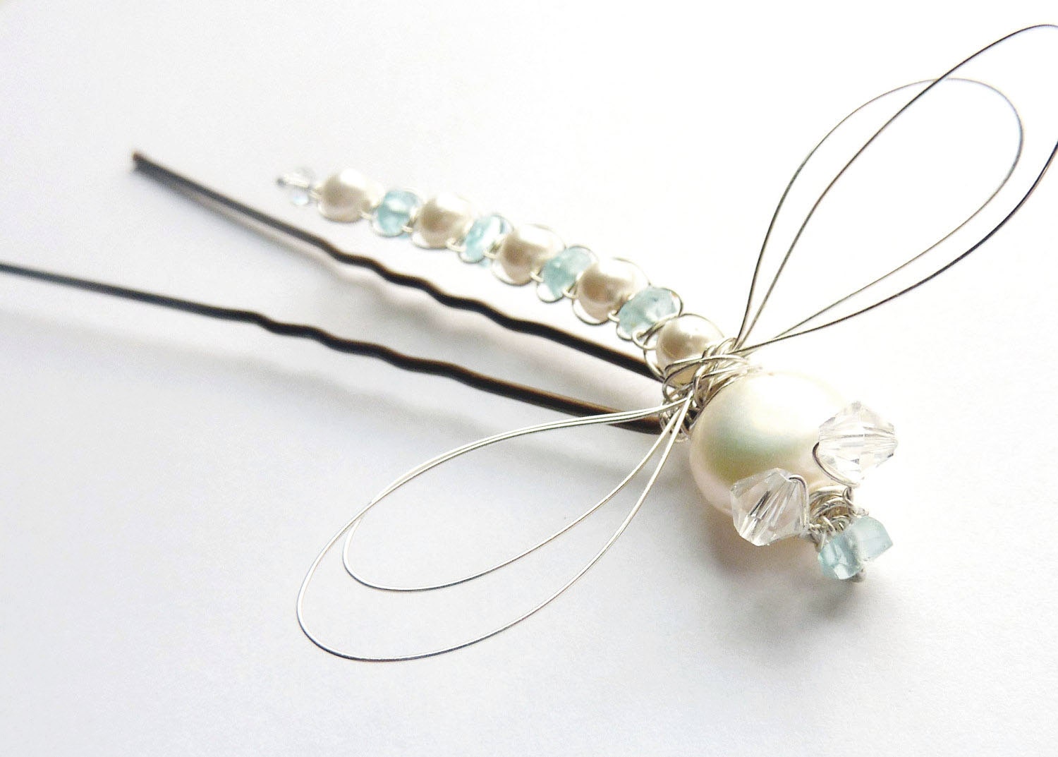 White Pearl and Caribbean Apatite Dragonfly Hair Pin - Dragonfly Jewelry -Tagt