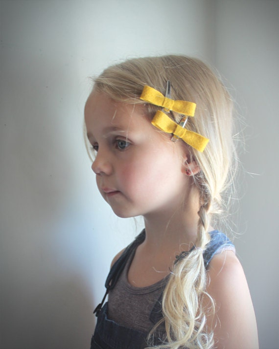 Autumn fashion Mini Bow Hair Clips in golden mustard - Bow Hair Clips - Little Girls Hair Accessory - Hair Clips - Girls Hair Bow