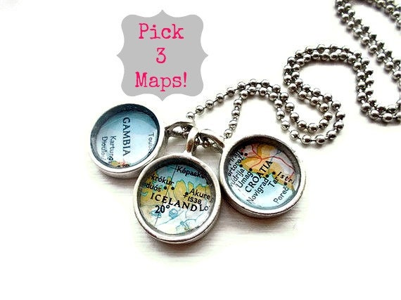 Mini Map Charm Necklace Pick 3 Three Locations Engagement Wedding Honeymoon Adopt College