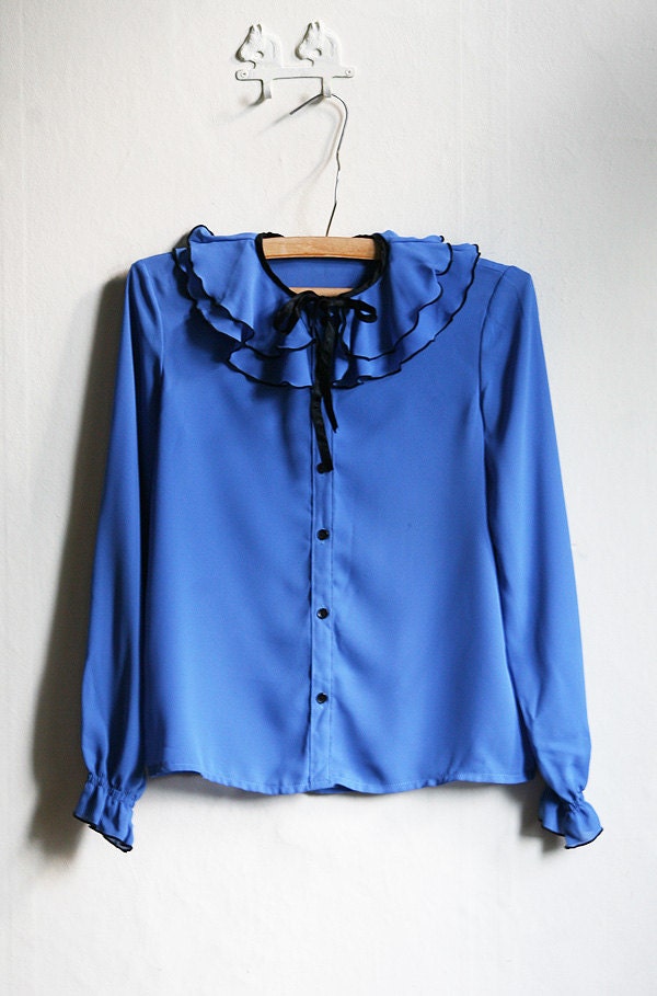 Blue Ruffle Blouse - Cerulean blue Romantic 80ies Blouse