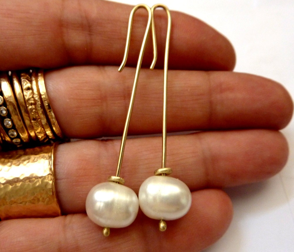 9K Gold Long Earrings With White Pearl Handmade - Free Shipping