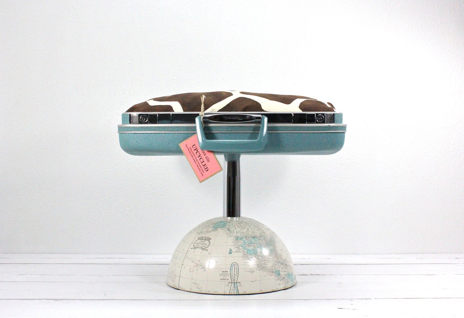 Upcycled Suitcase Pet Bed with Globe Pedestal Base