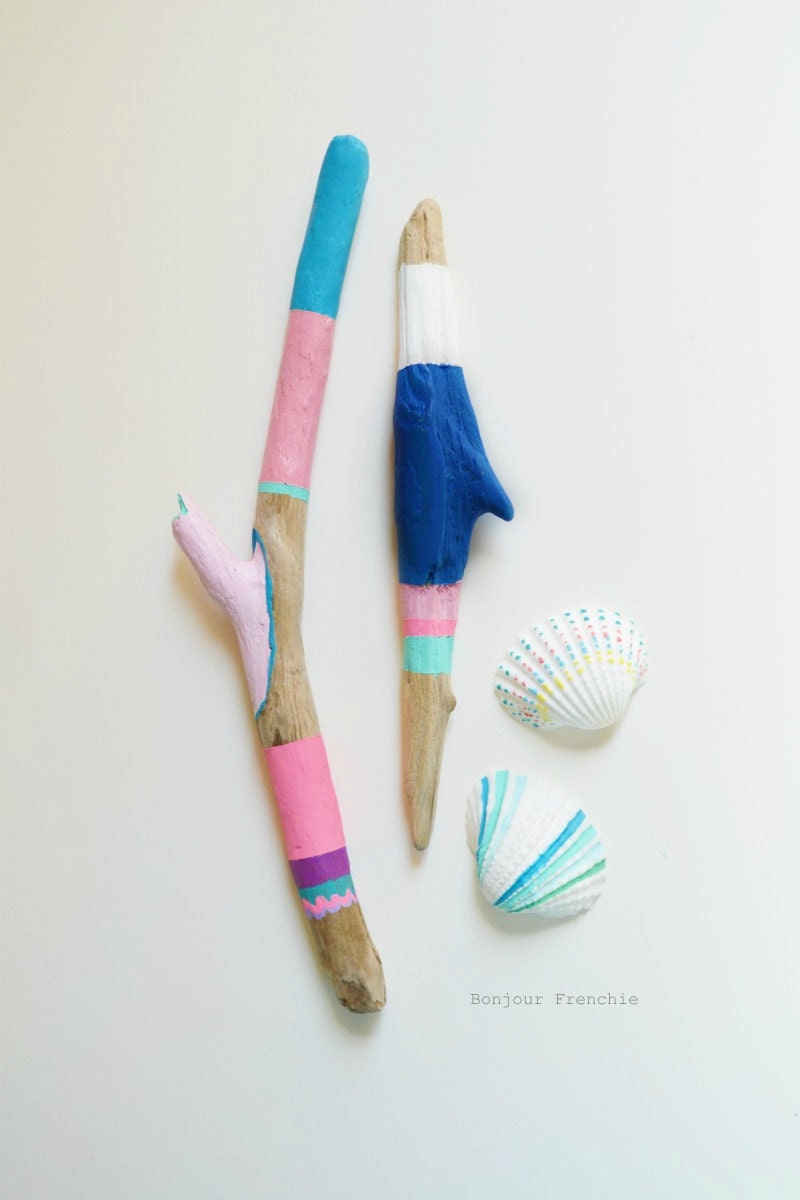 Painted Sticks and Shells - Mini Art Collection, Home Decor - Mermaid Finds, Beach, Blue, Shark Fin, Neon, Pastel, White, Natural, Driftwood