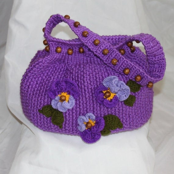 SALE Christams gift Hand knitted purple bag pansy flowers, crochet flowers, handbag, tote, shoulder bag, handmade clutch, beaded purse